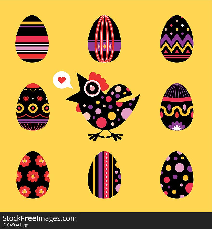 Easter chicken and eggs card - black