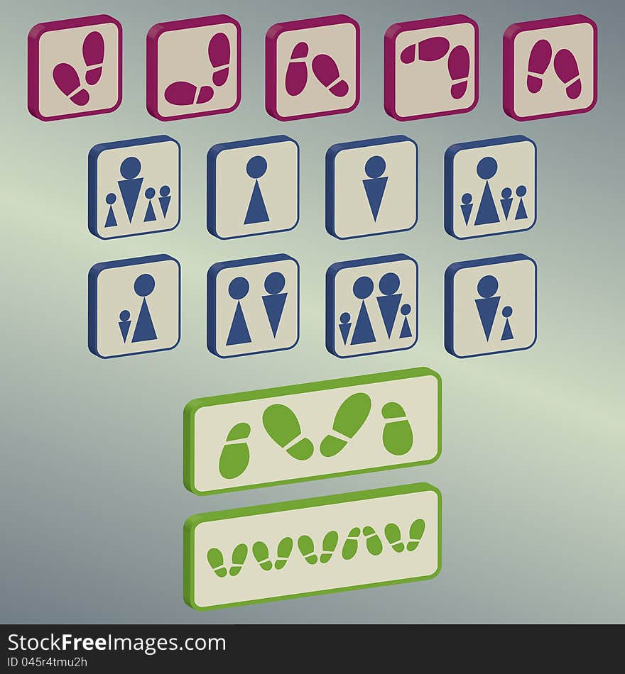 Funny icons set with conceptual shoe prints man woman and kids. Funny icons set with conceptual shoe prints man woman and kids