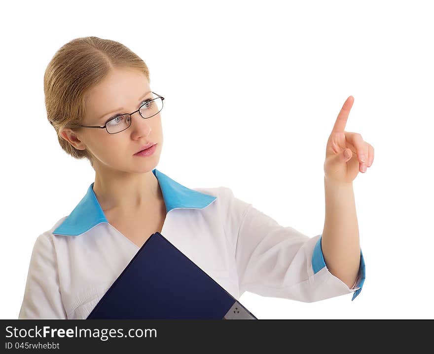 Woman doctor presses on a virtual button or shows an empty white space isolated