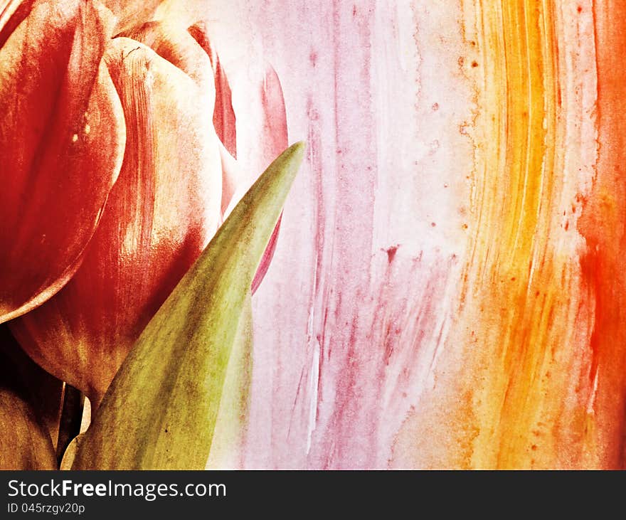 Red tulips over grunge painted background. Red tulips over grunge painted background