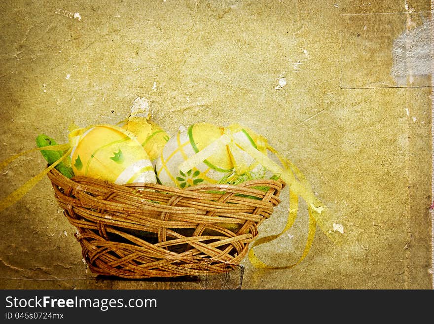 Vintage photo of a basket with easter eggs