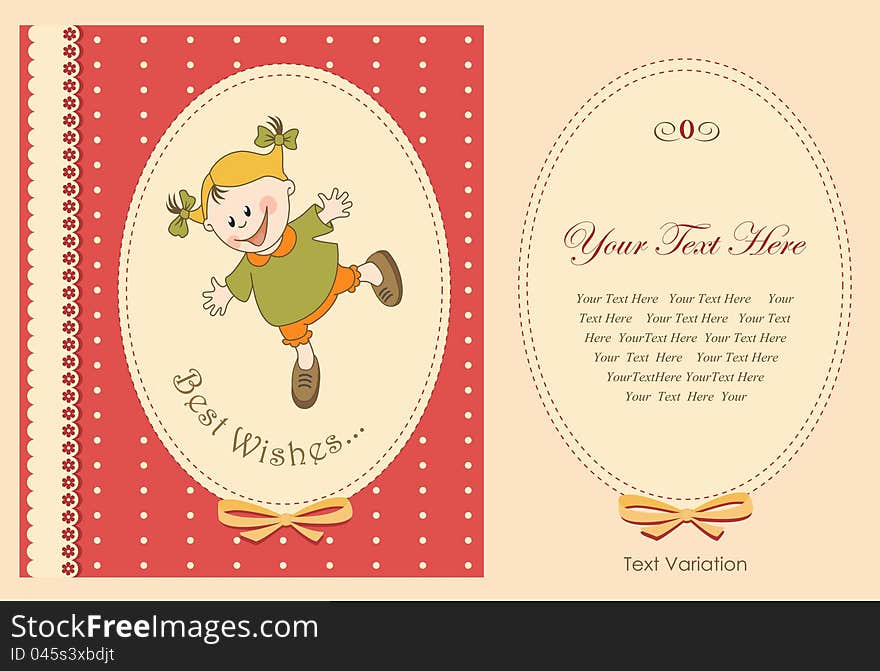 Vector illustration of greeting card with girl on textile application. Decorative border. Vector illustration of greeting card with girl on textile application. Decorative border