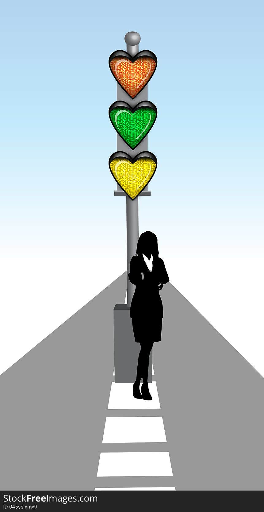 A lady under love traffic signal. A lady under love traffic signal