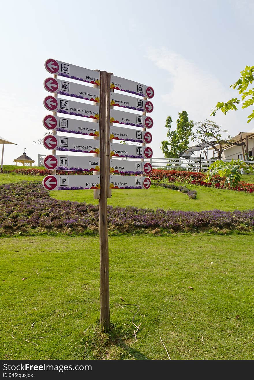 Information street signpost in the garden