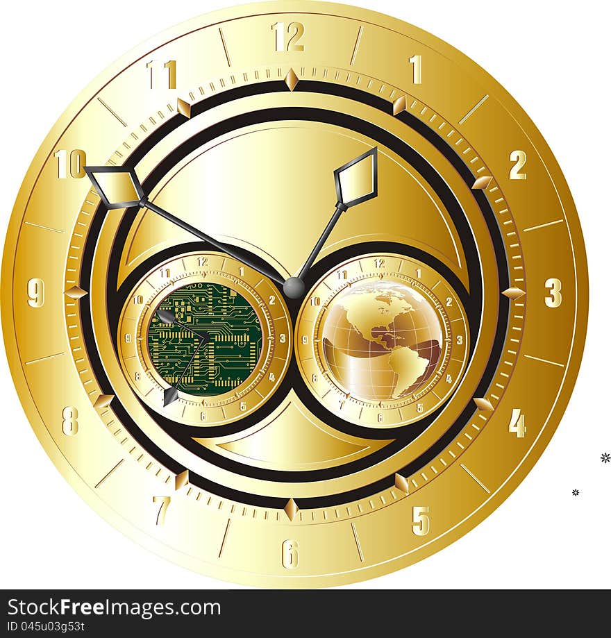 Golden clock with details in black