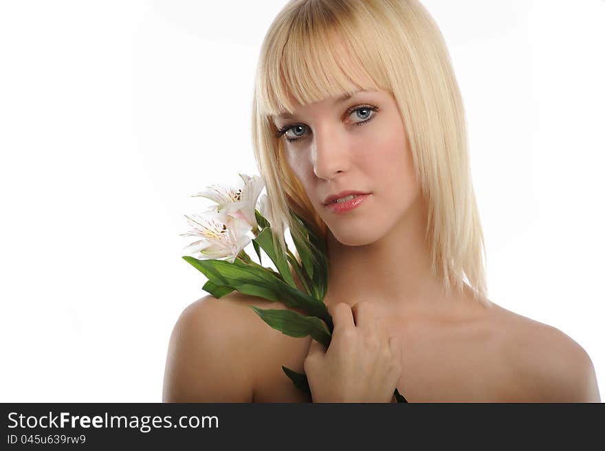 Young Blond Woman holding Flowers isolated on a white background