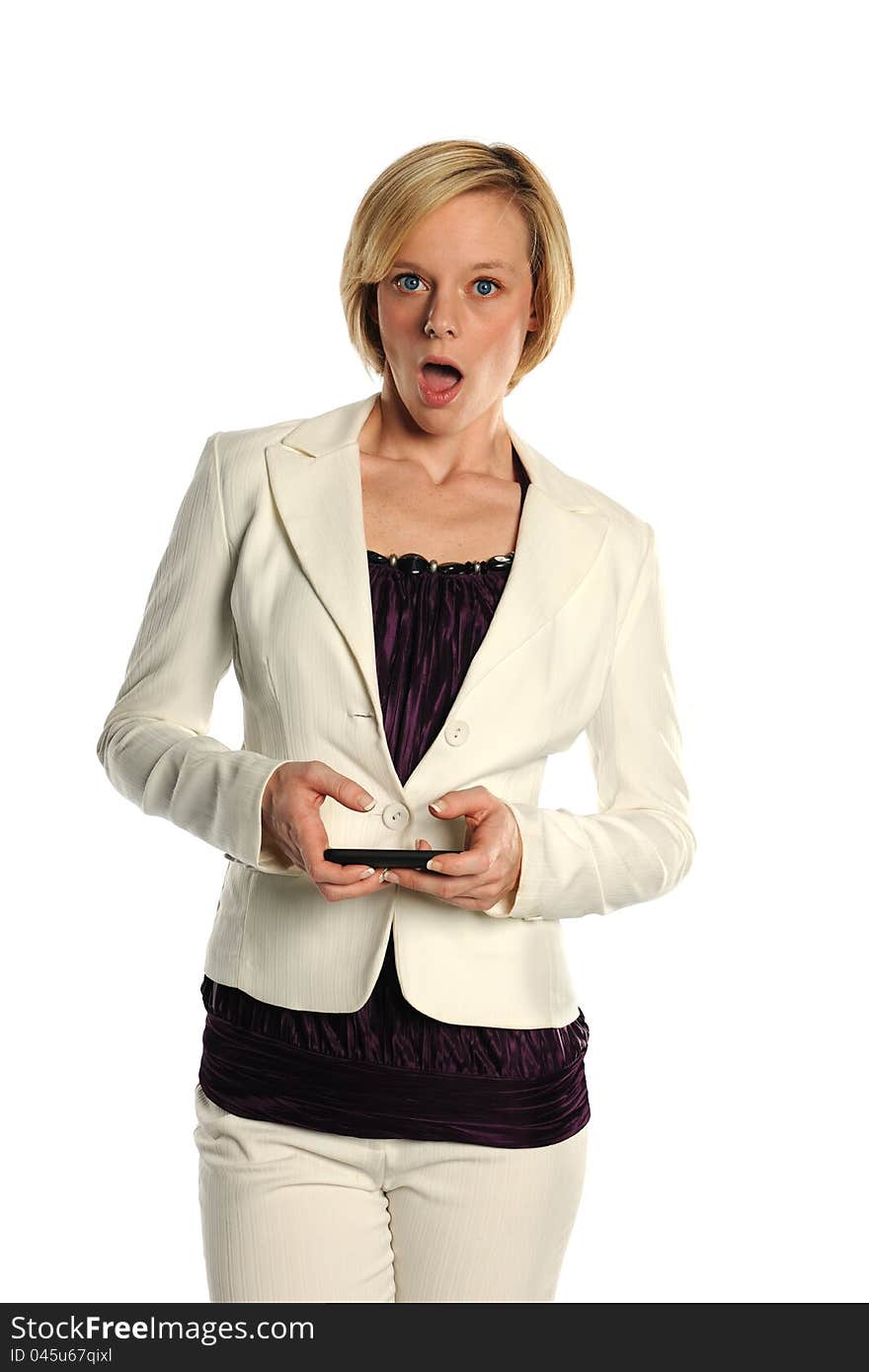 Young Businesswoman text messaging expressing surprise isolated on a white background