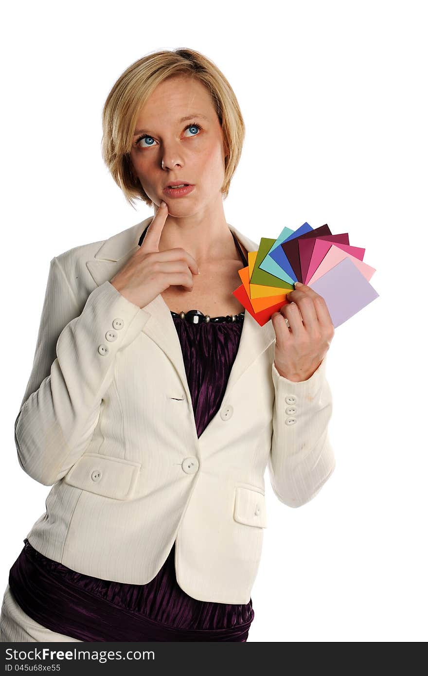 Young Businesswoman holding color swatches isolated on a white background