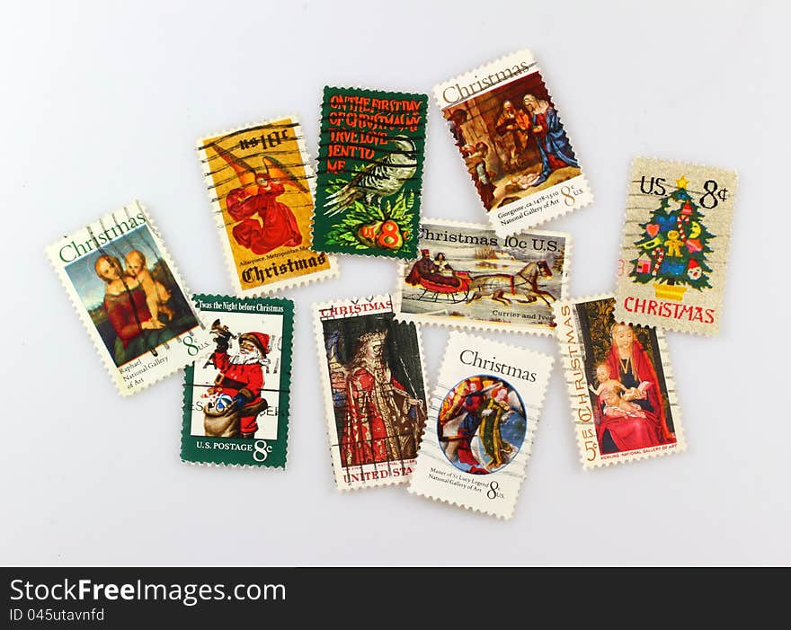 Assortment of United States Xmas Holiday Postage Stamps. Assortment of United States Xmas Holiday Postage Stamps