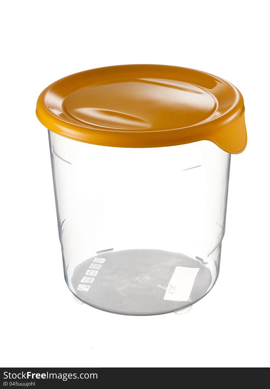 Plastic container with yellow lid over white