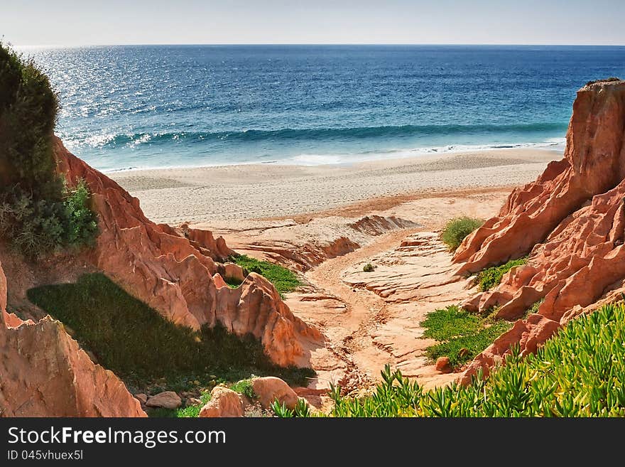 Rocky beach on the shore of Portugal. Seascape. Rocky beach on the shore of Portugal. Seascape