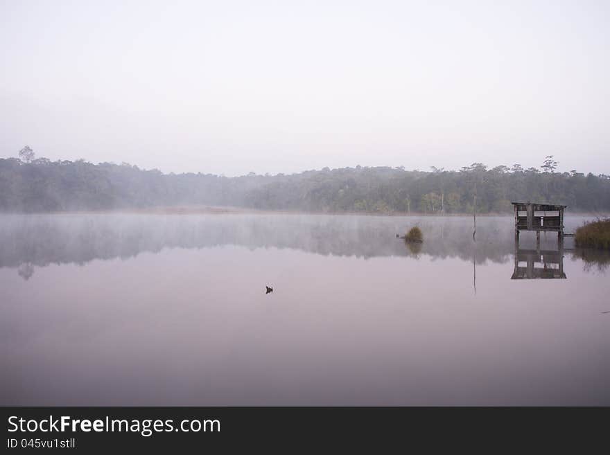 Misty still creek with cottage in the foggy morning. Misty still creek with cottage in the foggy morning.