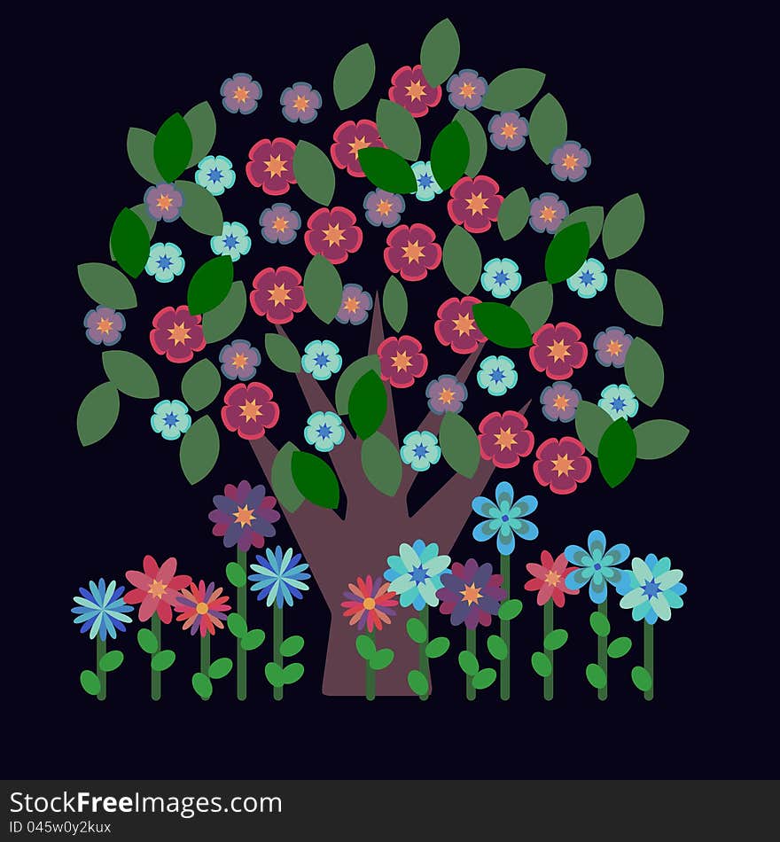 Blossom tree with flowers in decorative style