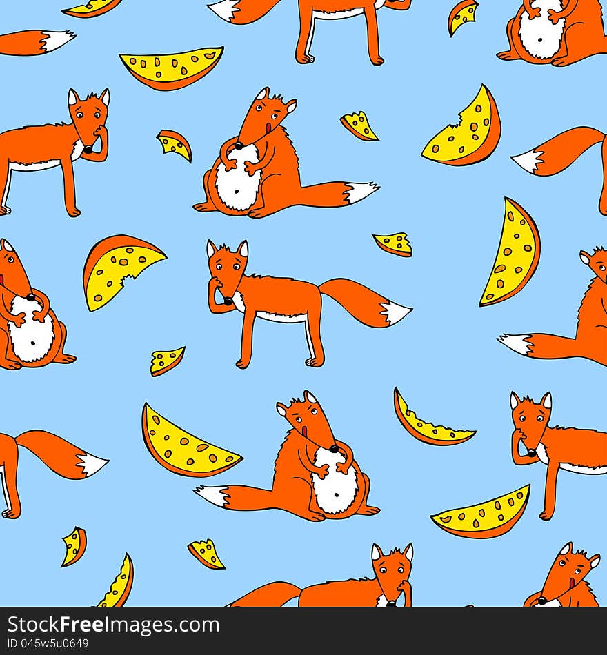 Funny seamless pattern with foxes and cheese