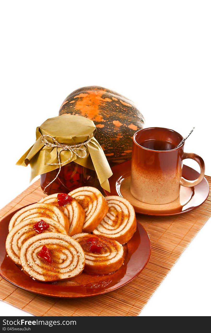 Still life with pumpkin and pastries