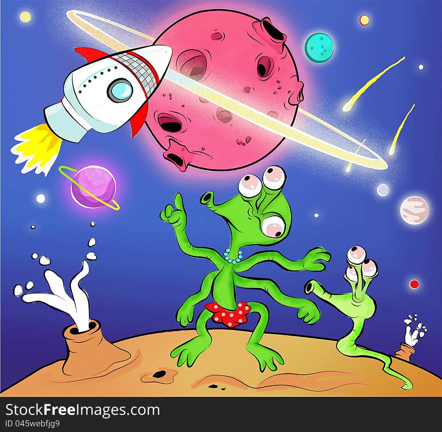 Green mom showing an Alien and rocket heading to the red planet. Green mom showing an Alien and rocket heading to the red planet