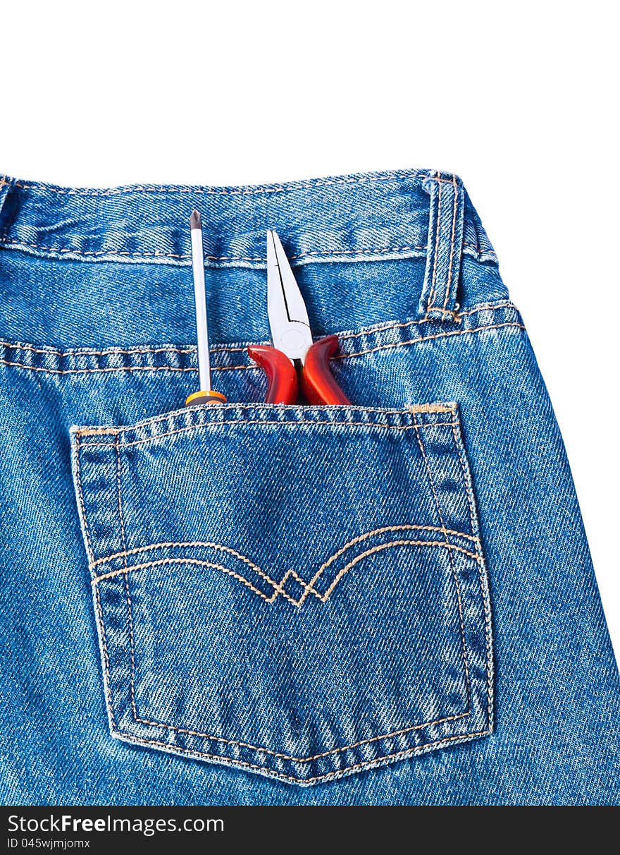 Screwdriver and pliers in Jean's pocket. Screwdriver and pliers in Jean's pocket