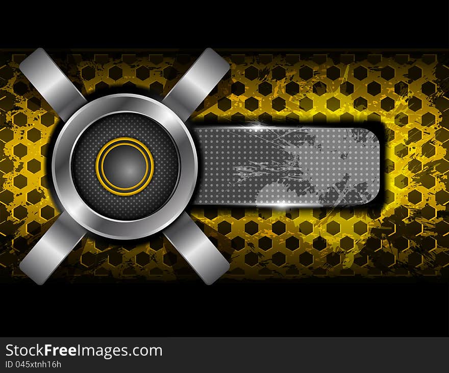 Abstract yellow background with metallic circle speaker and hexagon perforated pattern plate. Part of set.