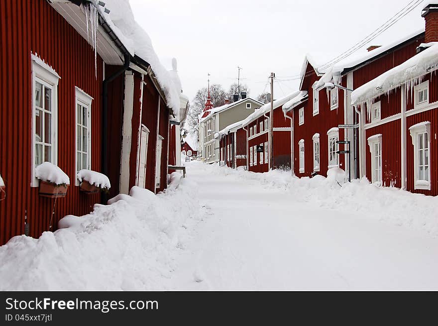 Snowy street in north Sweden