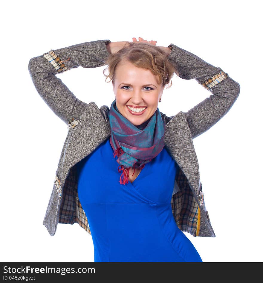 Smiling woman with lifted hands