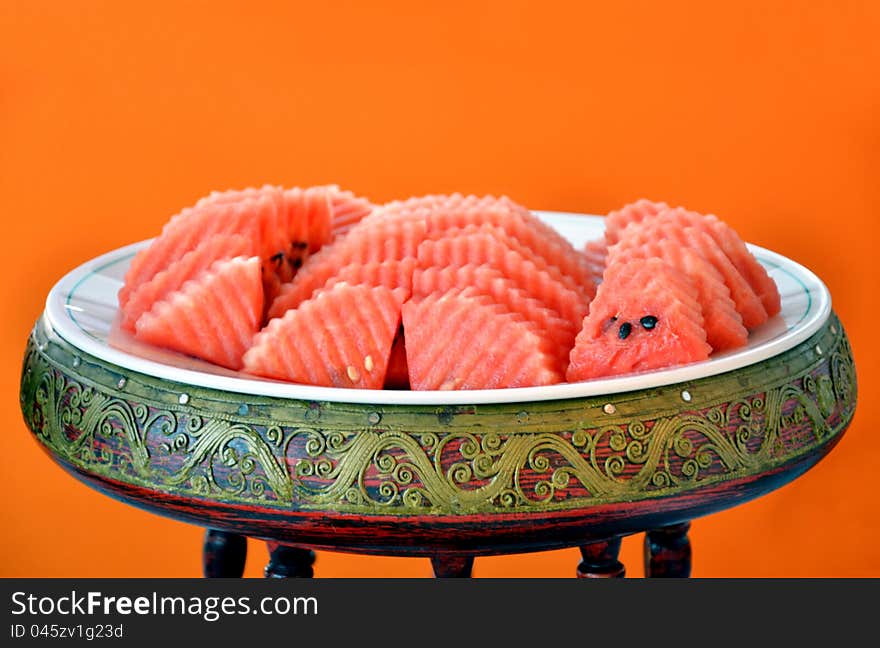 Watermelon dessert , at buffet in restaurant .