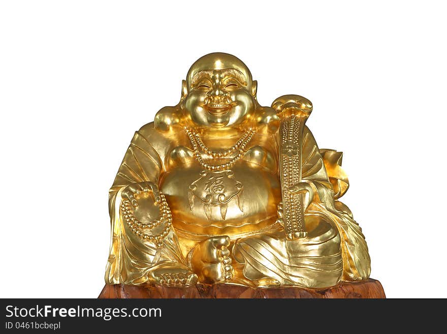 Smiling Golden Buddha Statue, Chinese God of Happiness, Wealth and Lucky Isolated on white