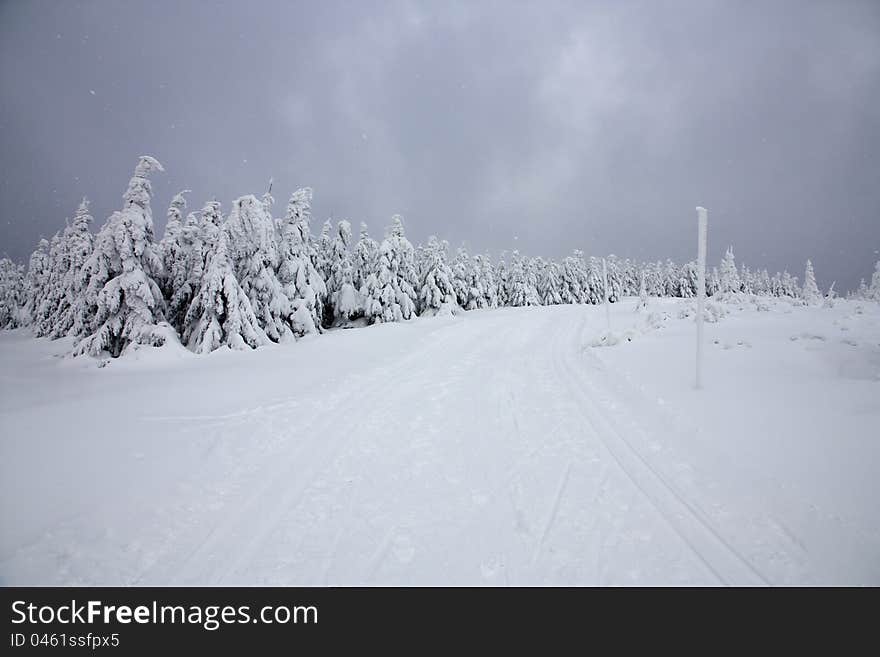 Snowfall in the mountains, Eagle Mountain in the winter, cross-country trail in the snow covered landscape with snow, overcast winter day in the mountains. Snowfall in the mountains, Eagle Mountain in the winter, cross-country trail in the snow covered landscape with snow, overcast winter day in the mountains