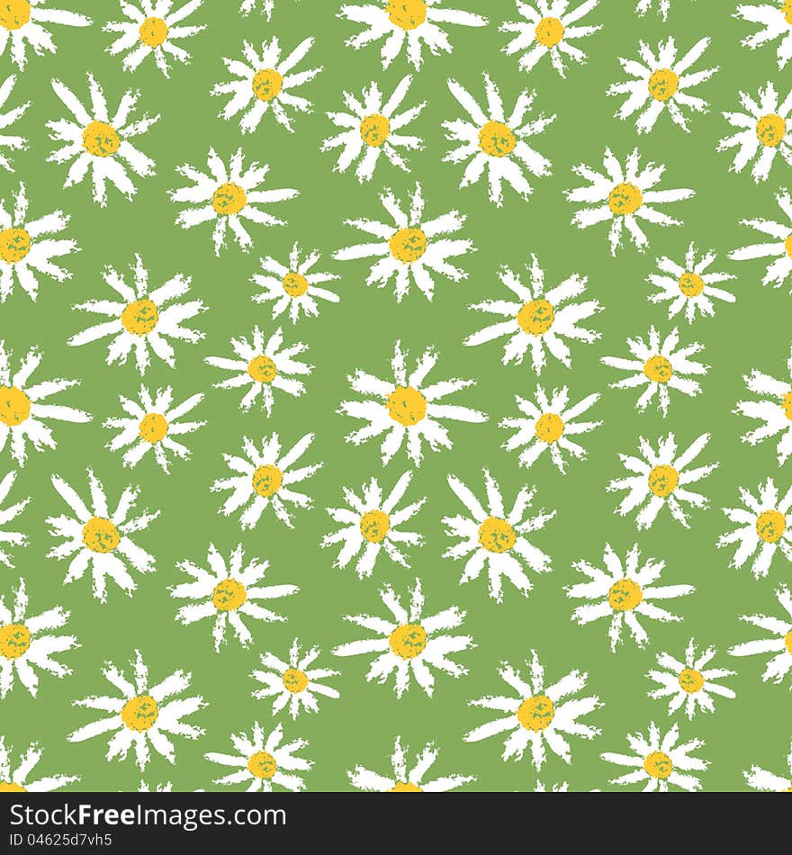 Hand painted textured camomille flowers seamless pattern. Vector illustration