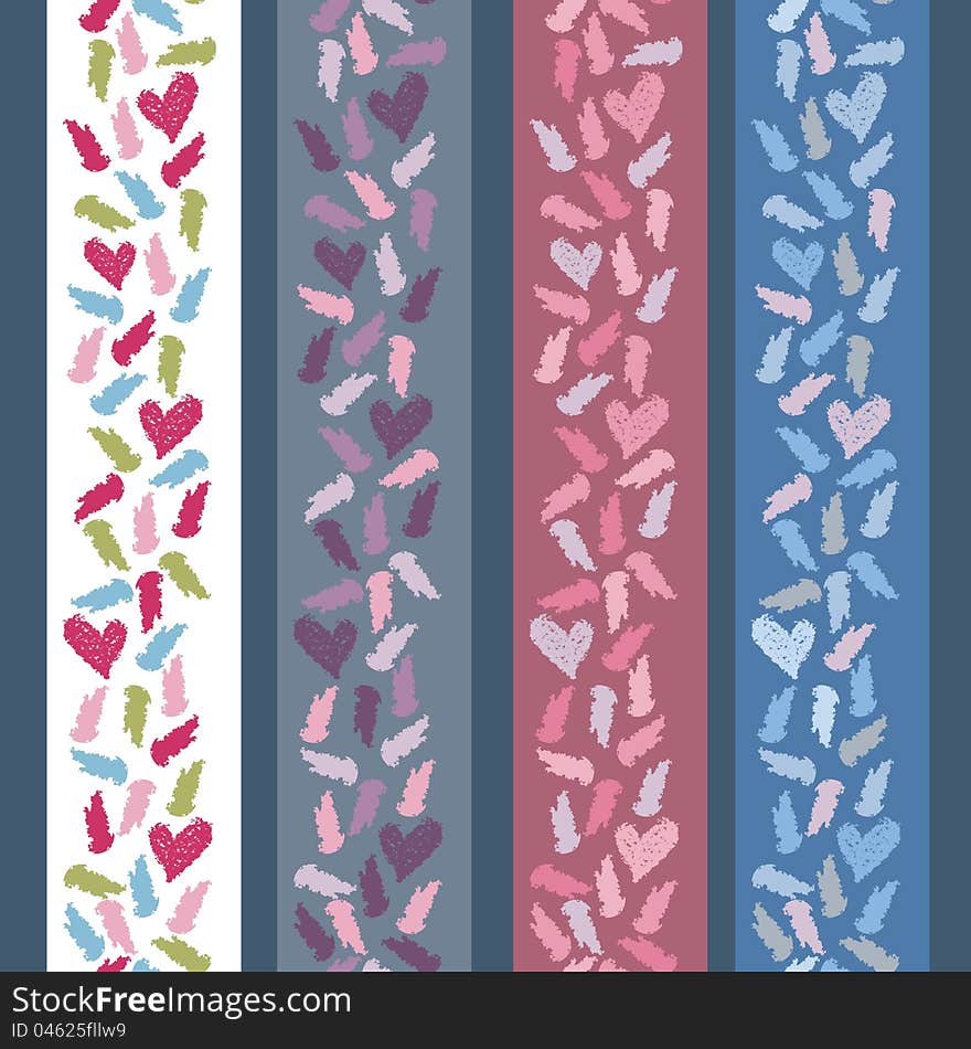 Collection of four vertical seamless borders with hand painted textured abstract elements and hearts. Vector illustration. Collection of four vertical seamless borders with hand painted textured abstract elements and hearts. Vector illustration
