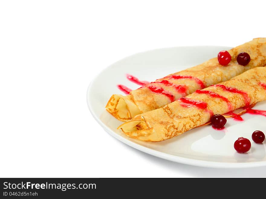 Russian pancake with cranberry,  on white background