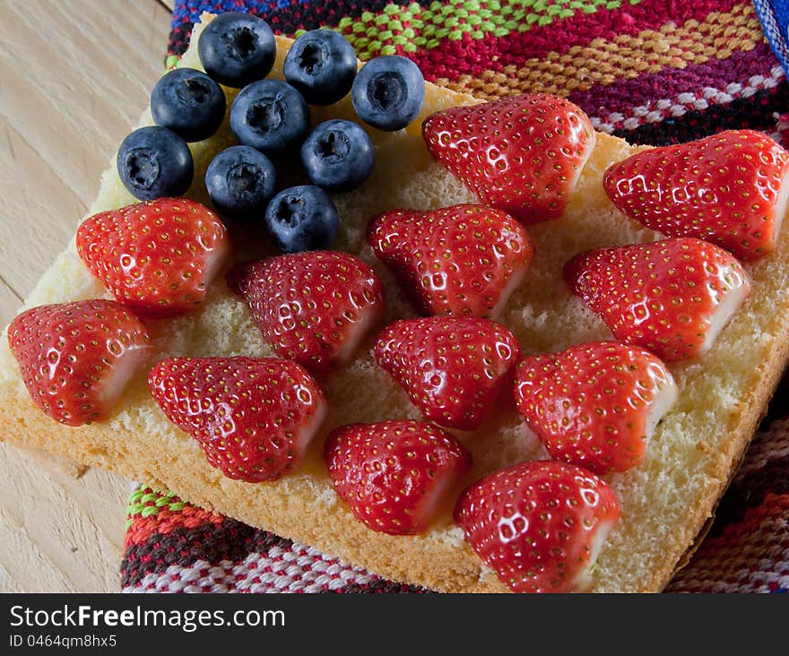 Strawberry and blueberry cake, like a flag. Strawberry and blueberry cake, like a flag.