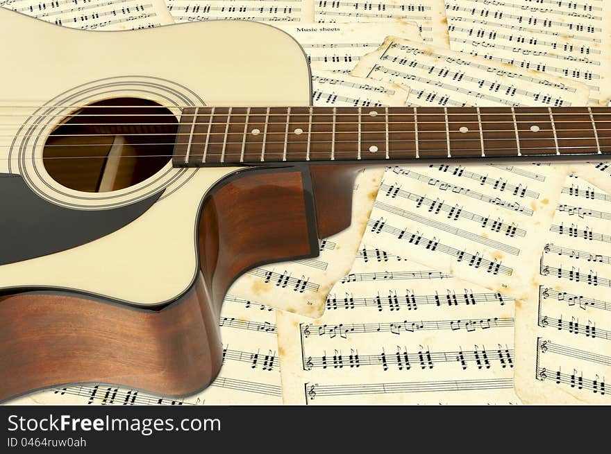 Guitar on a background musical notes. Guitar on a background musical notes