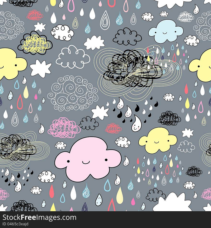 Seamless pattern of clouds and rain on the pale blue background. Seamless pattern of clouds and rain on the pale blue background