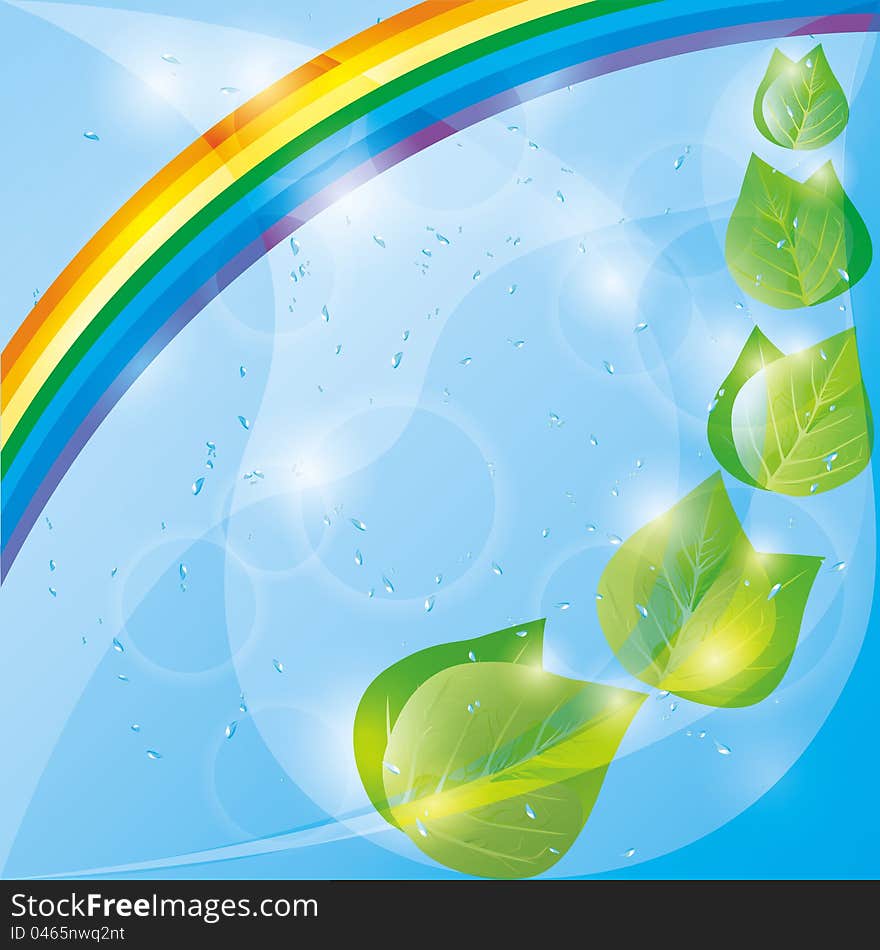 Spring eco background with fresh green leaves, rainbow and drops of water. Place for text. Spring eco background with fresh green leaves, rainbow and drops of water. Place for text.