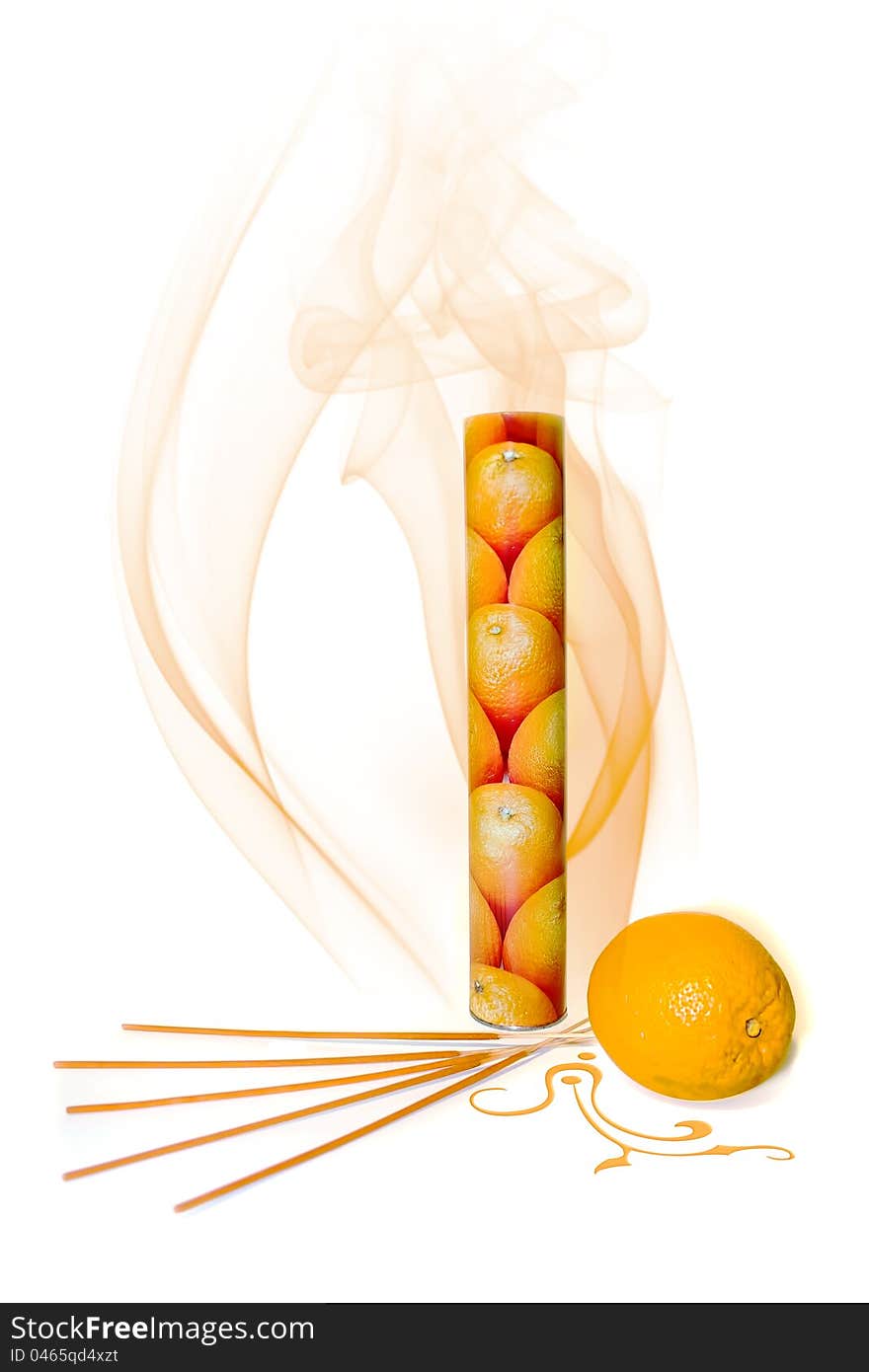 Orange incense sticks with packaging, fruit and smoke