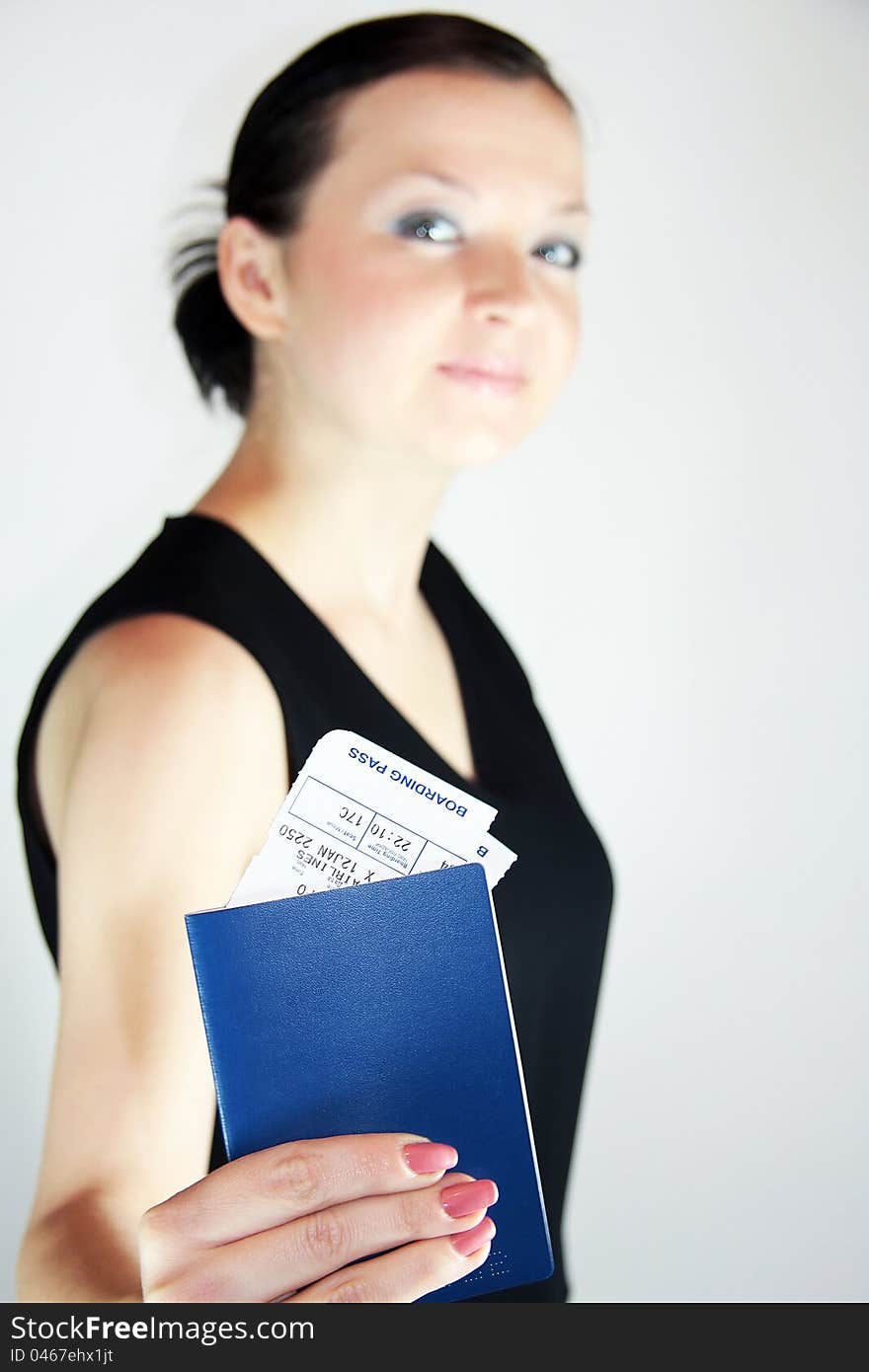 Girl gives the travel documents. Girl gives the travel documents