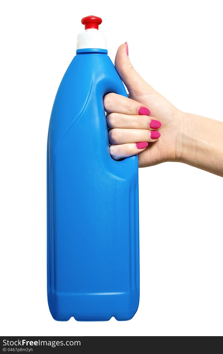 Handing a blue bottle of cleaning solution