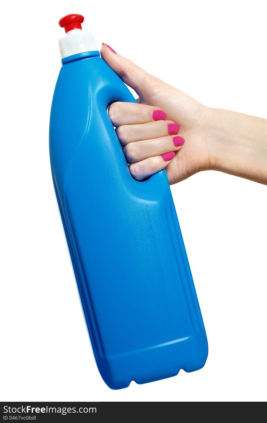 Handing a blue bottle of liquid detergent. Handing a blue bottle of liquid detergent