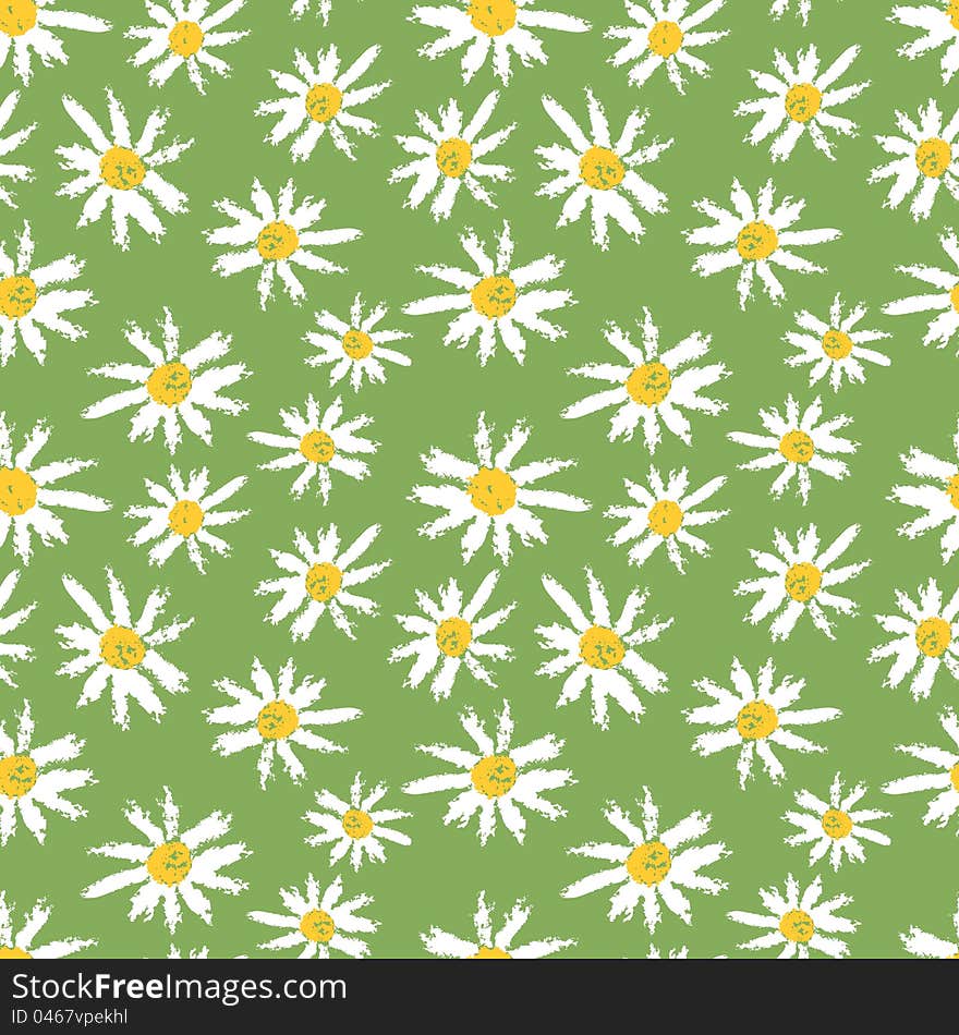 Hand painted textured camomille flowers seamless pattern. Vector illustration