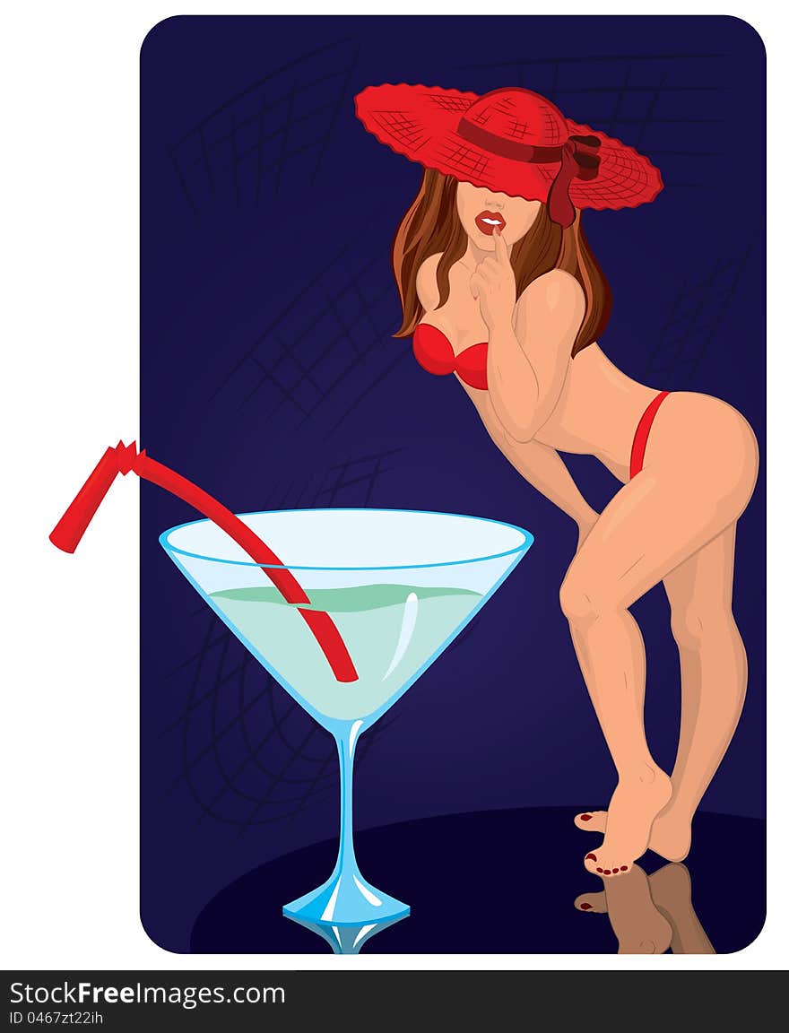 Young woman in red hat is standing near giant cocktail vector illustration