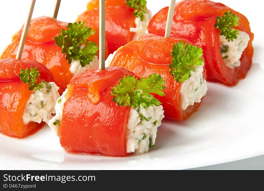 Canape with sweet peppers and cream cheese