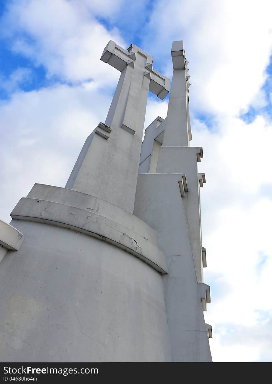 Three Crosses is a monument in Vilnius, Lithuania. View from bottom. Three Crosses is a monument in Vilnius, Lithuania. View from bottom.