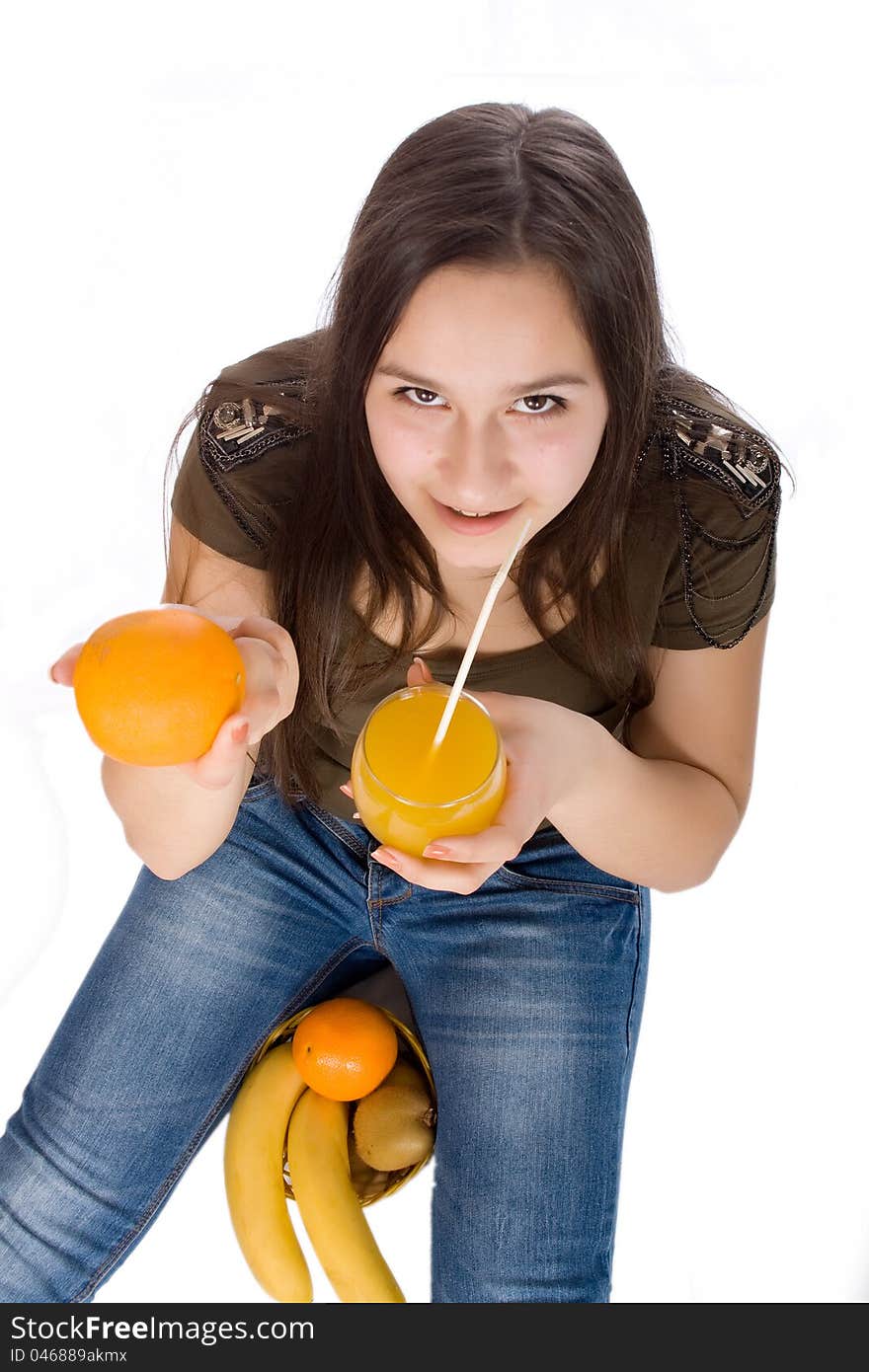 Girl With Orange Juice And Fruit