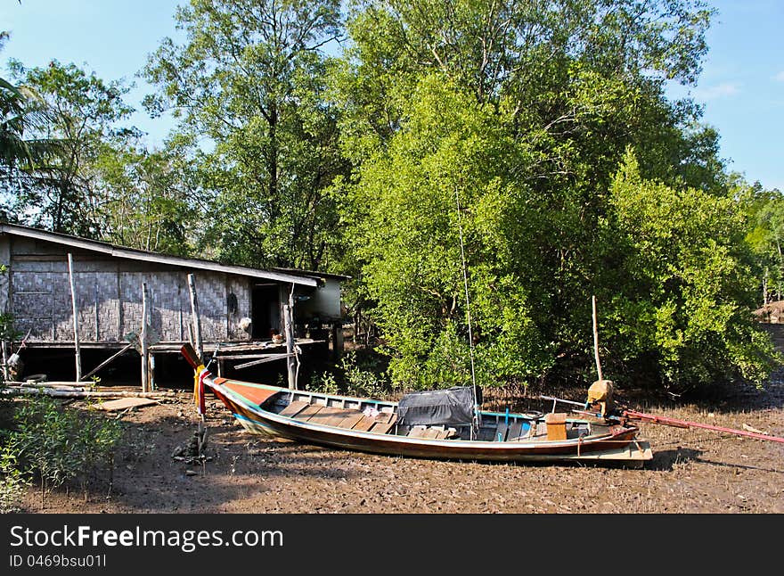 Thai house and a long tailed boat