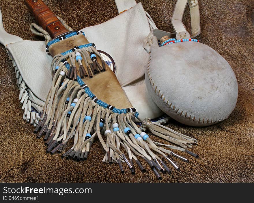 Vintage Shooting Bag With Decorated Knife And Sheath And Buckskin Covered Canteen. Vintage Shooting Bag With Decorated Knife And Sheath And Buckskin Covered Canteen