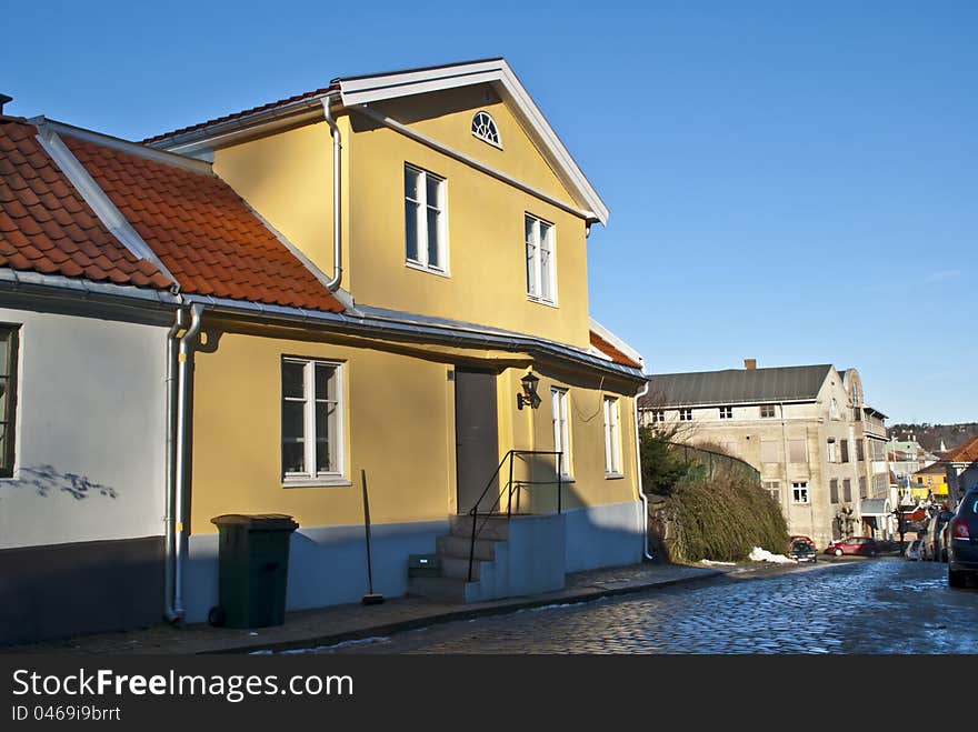 An old yellow brick house in Halden.