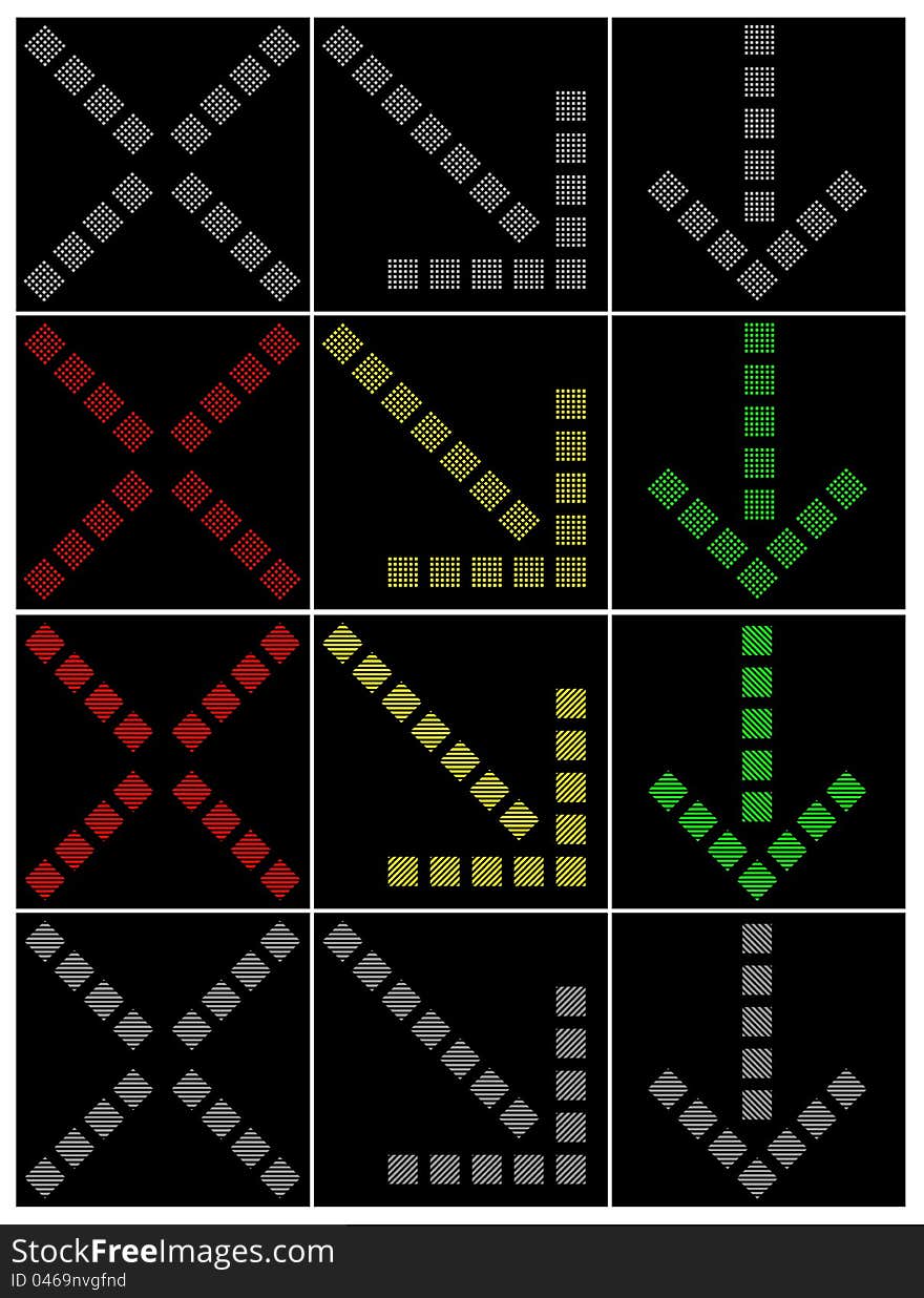 Graphic representation of a light-emitting diode reversive traffic light in the engaged and switched off condition. Graphic representation of a light-emitting diode reversive traffic light in the engaged and switched off condition