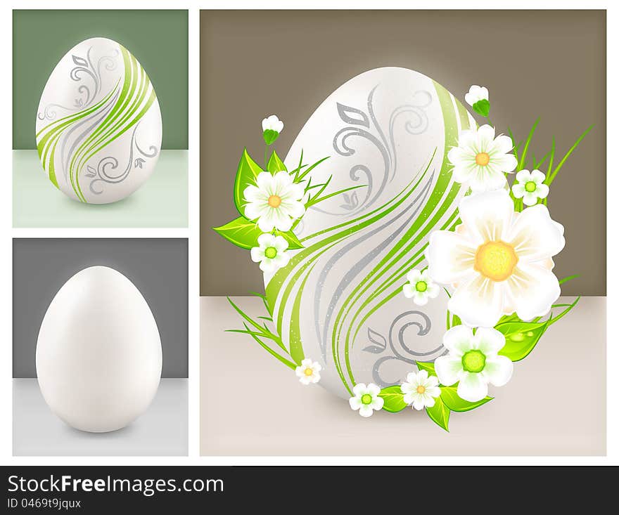 Easter eggs with flowers on gray background, holiday illustration