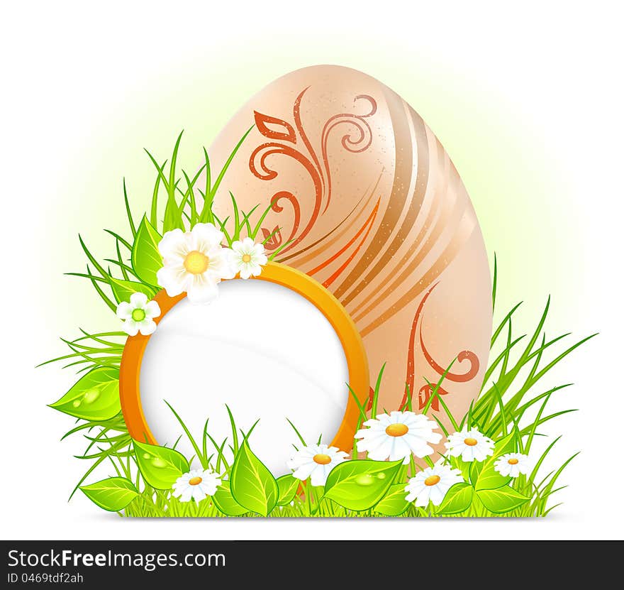 Easter egg with flowers & signboard on green grass, holiday vector illustration