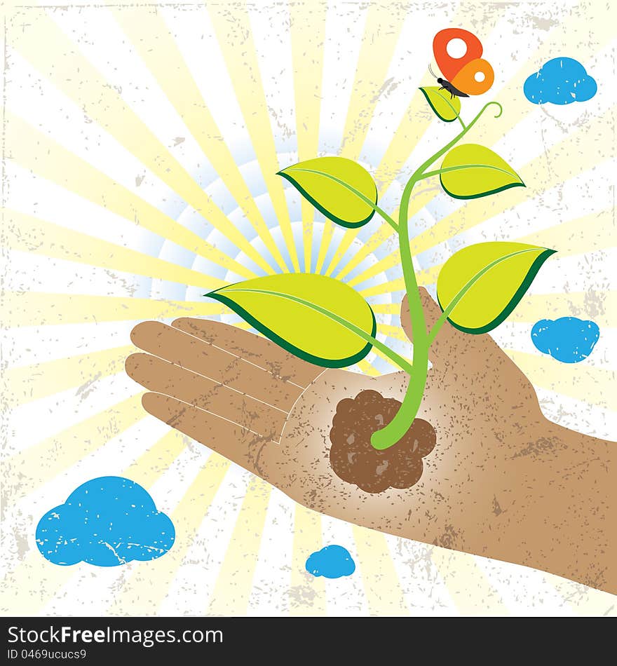 Green plant and butterfly in hand with sun rays and cloud in the background. AI EPS 8 Vector.